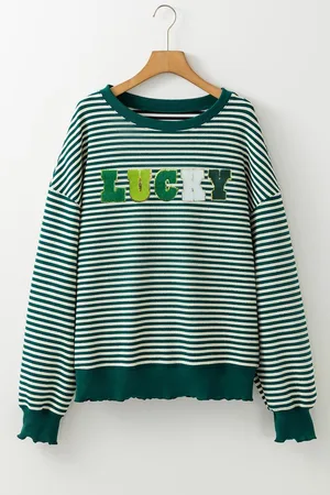 Azura Exchange Womens Stripe Chenille LUCKY Patched Pattern St Patrick Long Sleeve Top - Size X-Large