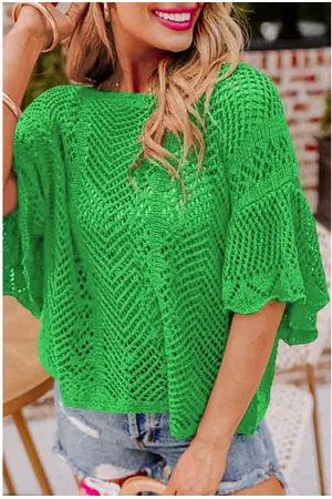 Azura Exchange Womens Pointelle Knit Scallop Edge Short Sleeve Top - Size Large