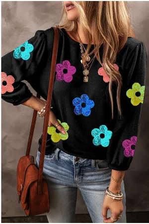 Azura Exchange Womens Sequin Flower Bracelet Sleeve Crew Neck Top - Size Small