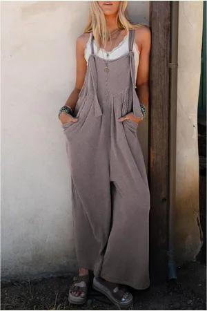 Azura Exchange Womens Philippine Gray Corded Adjustable Straps Wide Leg Loose Overall - - Size Large