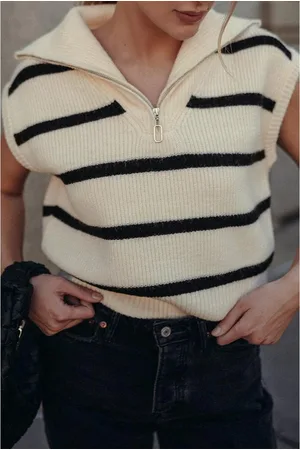 Azura Exchange Womens Stripe Zipped Collar Cap Sleeve Knit Top Viscose - Size Large