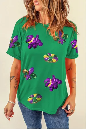 Azura Exchange Womens Bright Mardi Gras Sequin Patched Graphic Tee - Size Medium