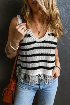 Azura Exchange Womens Stripe Loose Knit Fringe Tank Top - Size 2XL