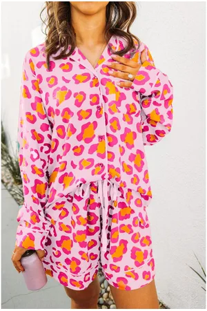 Azura Exchange Womens Leopard Print Long Sleeve Shirt and Shorts Pajama Set Viscose - Size X-Large