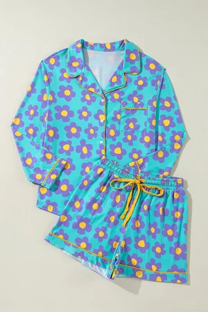 Azura Exchange Womens Flower Print Long Sleeve Shirt Shorts Pajamas Set - Size Medium