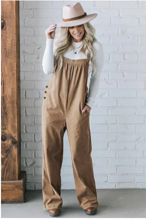 Azura Exchange Womens Gray Morn Solid Pocketed Loose Fit Corduroy Overall - - Size X-Large