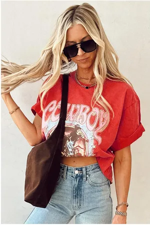 Azura Exchange Womens Tomato COWBOY Take Me Away Graphic Western Loose Tee - Size Large