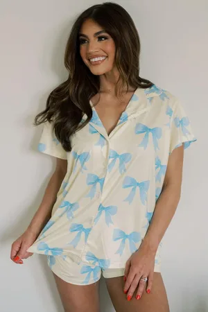 Azura Exchange Womens Bow Printed Short Sleeve Shirt Shorts Pajama Set - Size Medium