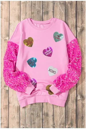 Azura Exchange Womens Valentine Shiny Slogan Heart Sequin Sleeve Patchwork Pullover Top - Size Small