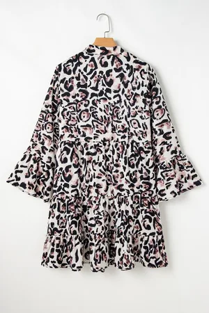 Azura Exchange Womens Leopard Print Buttoned Front 3/4 Sleeve Tiered Ruffled Hem Dress - Size X-Large
