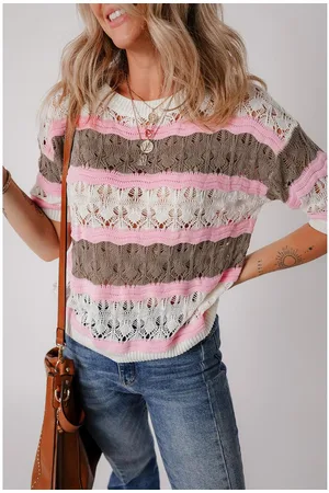 Azura Exchange Womens Stripe Color Block Hollow Out Crochet Half Sleeve Sweater - Size X-Large