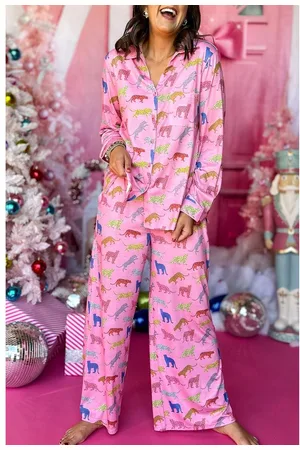 Azura Exchange Womens Cheetah Print Shirt and Pants Pajama Set - Size Medium
