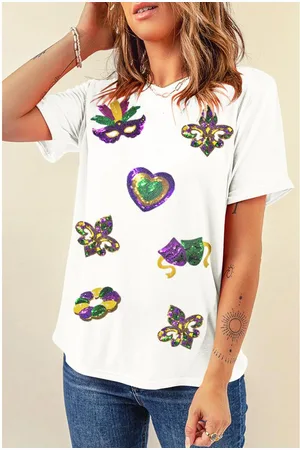 Azura Exchange Womens Sequined Mardi Gras Symbolic Pattern Casual Tee - Size X-Large