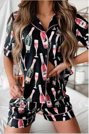 Azura Exchange Womens Champagne Print Silky Short Sleeve Pajamas Set - Size Medium