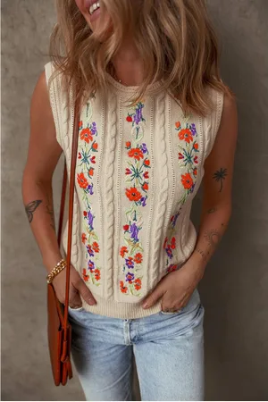 Azura Exchange Womens Jet Stream Embroidered Floral Cable Knit Sweater Vest - Viscose - Size Large