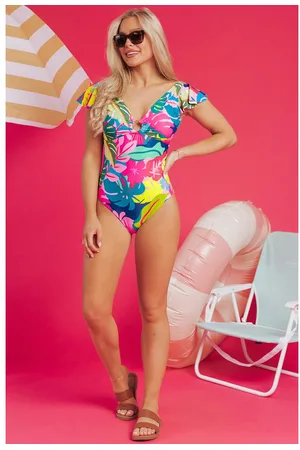 Azura Exchange Womens Tropical Print V Neck Tied Backless One Piece Swimsuit - Size Small