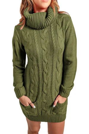 Azura Exchange Womens Olive Cowl Neck Cable Knit Sweater Dress - - Size X-Large