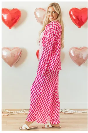 Azura Exchange Womens Checkered Buttoned Shirt and High Waist Pants Pajama Set - Size Large