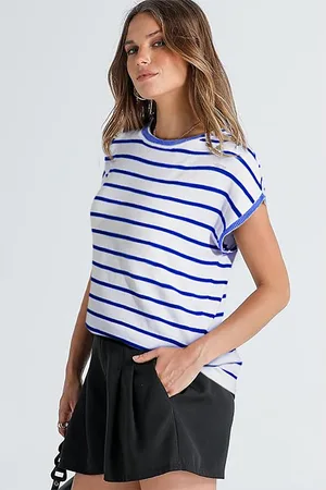 Azura Exchange Womens Stripe Knitted Bat Sleeve T Shirt Viscose - Size Small