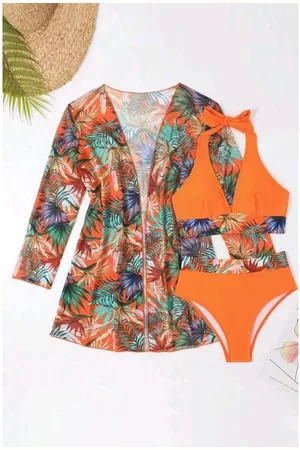Azura Exchange Womens Carrot 3pcs Tropical Contrast Trim Halter Bikini Set with Cover up - - Size Small