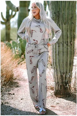 Azura Exchange Womens Gray Cowgirl Boots Printed Long Sleeve Top Pants Lounge Set - - Size X-Large
