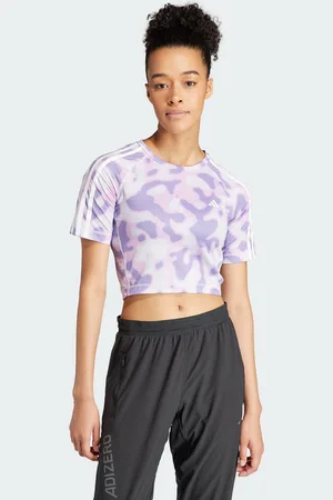 adidas Womens Own the Run 3-Stripes Allover Print T-Shirt - recycled_material - Size Large