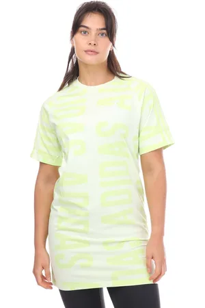 adidas Womens Essentials Allover Print T-Shirt Dress in Lime - Cotton - Size UK 12-14 (Womens)