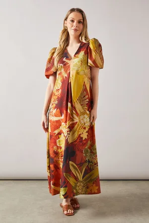 wallis Womens Printed Pleat Puff Sleeve Midaxi Dress - - Size 10 UK