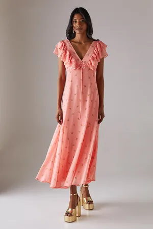 warehouse Womens Floral Frill Tie Front Midi Tea Dress - - Size 12 UK