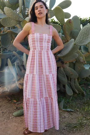 Threadbare Womens Check Shirred Guaze Tiered Midi Dress - Size 16 UK