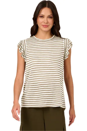 Adrianna Papell Womens Ruffle Sleeve Striped Crew Neck Slub Tee - - Size Large