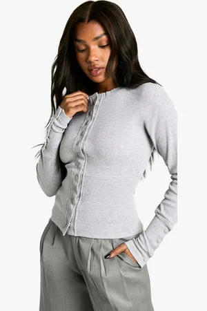 Boohoo Womens Ribbed Popper Cinched in Waist Long Sleeve Top - Cotton - Size 10 UK