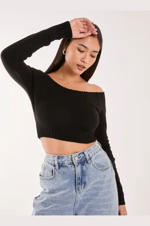 Pink Vanilla Womens Off Shoulder Crop Knit Top - - Size Medium/Large