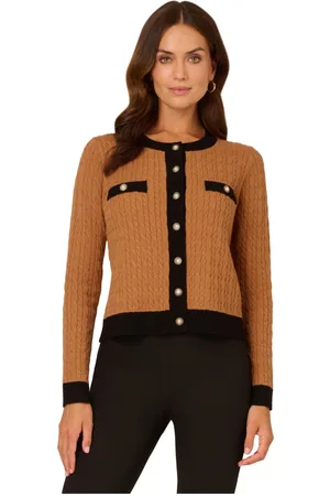 Adrianna Papell Womens Crew Neck Lady-Like Contrast Cable Cardigan Sweater - - Size Large