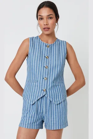 Threadbare Womens Mid Striped Crew Neck Denim Waistcoat - Size 10 UK