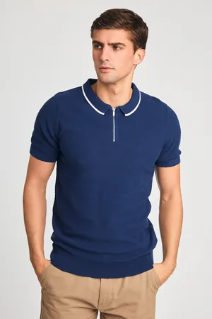 Kensington Eastside Mens Dark Cotton Short Sleeve Zip Neck Polo Shirt - Size Medium