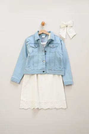MISS Girls Broderie Dress, Denim Jacket and Hair Clip Outfit Set - - Size 5Y