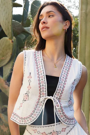 Threadbare Womens Embroidered Tie Front Waistcoat - Size 12 UK