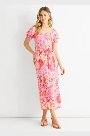 Gini London Womens Floral Puff Sleeves Belted Midi Dress - Size 8 UK