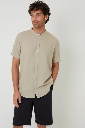 Threadbare Mens Grandad Collar Linen Blend Short Sleeve Shirt - Size Large