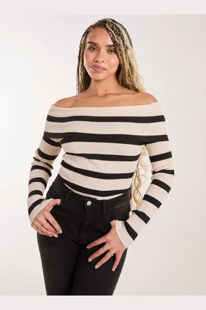 Pink Vanilla Womens Striped Bardot Knit Top - - Size Medium/Large
