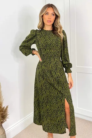 Ax Paris Womens Animal Print Long Sleeve Ruffle Front Midi Dress - Size 8 UK