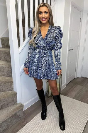 Ax Paris Womens Snake Print Long Puff Sleeve Mini Dress - Size 12 UK