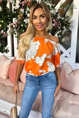 Ax Paris Womens Floral Print Elasticated Off The Shoulder Frill Detail Top - Size 8 UK
