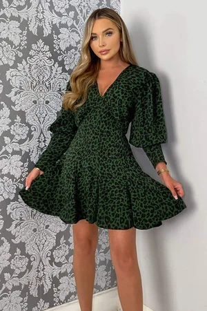 Ax Paris Womens Animal Print V-Neck Long Sleeve Skater Dress - Size 8 UK