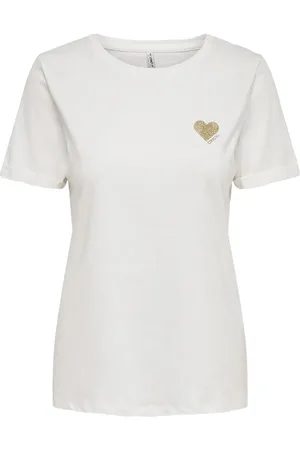ONLY Womens Short Sleeve Round Neck Top with Gold Glitter Heart - material_cotton - Size Medium
