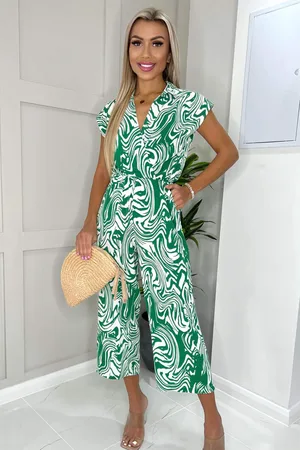 Ax Paris Womens And White Printed V Neck Wrap Top Jumpsuit - Size 8 UK