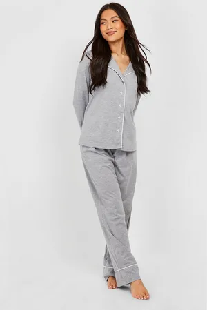 Boohoo Womens Piping Detail Jersey Long Sleeve Shirt & Trousers Pyjama Set - - Size 10 UK