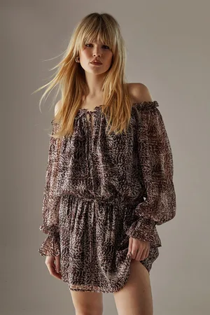 warehouse Womens Metallic Chiffon Bardot Drop Waist Mini Dress - - Size 10 UK