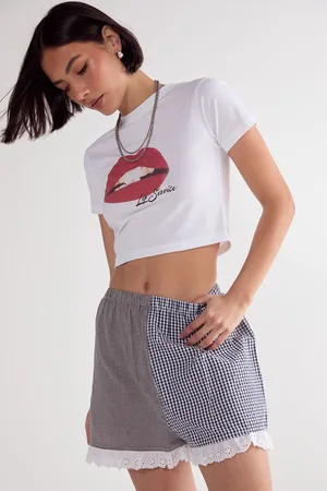 NASTY GAL Womens Gingham Mix Broderie Ruffle Hem Shorts - Cotton - Size 10 UK